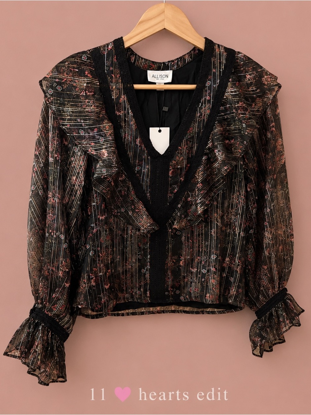ANTHROPOLIGIE Allison New York Metallic Floral Ruffle Sheer Blouse XS NWT